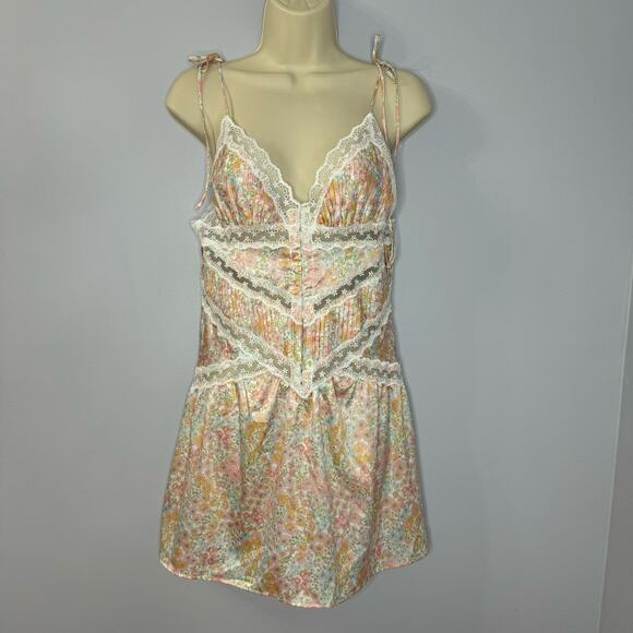 For Love & Lemons Farrah Slip Mini Dress Floral Pin-tuck Lace Trim Romantic L - Picture 2 of 14